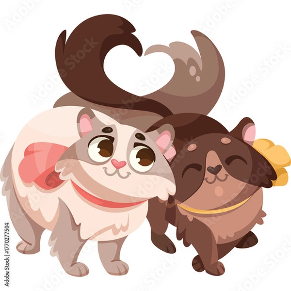 Fototapeta Two Cute Pixel Art Cats Forming A Heart Shape With Tails Embracing In A Whimsical Style With A Flower Accessory