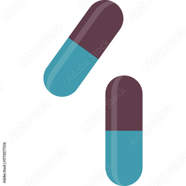 Fototapeta Two Cyan and Maroon Capsules on a White Background Representing Medicine or Supplements with a Clear Design