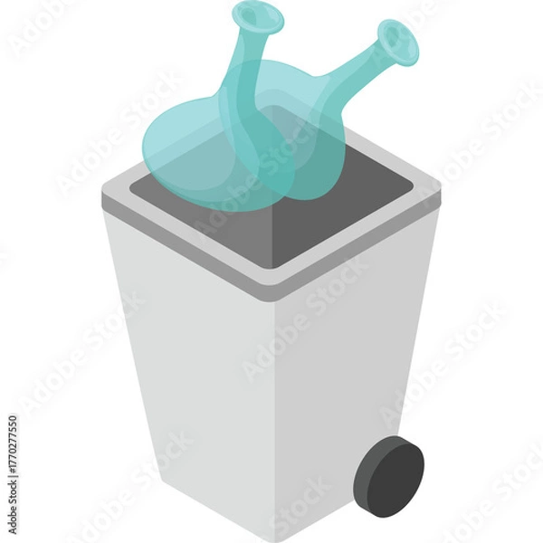 Fototapeta Two Cyan Glass Bottles Discarded in a White Wheeled Trash Bin With a Gray Lid and Black Wheel on a Transparent Background in an Isometric View