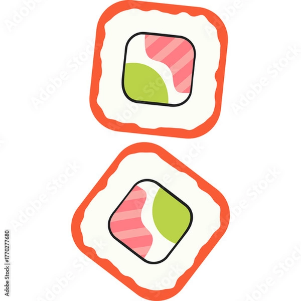 Fototapeta Two cartoon sushi rolls with orange seaweed wrapper pink fish and green avocado filling isolated on white background