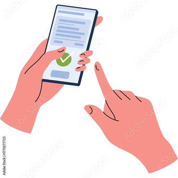 Fototapeta Two caucasian hands holding a smartphone displaying a green checkmark and text with one finger touching the screen on a transparent background