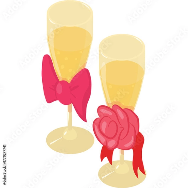 Fototapeta Two champagne glasses with yellow bubbly liquid adorned with pink bows and red roses on transparent background