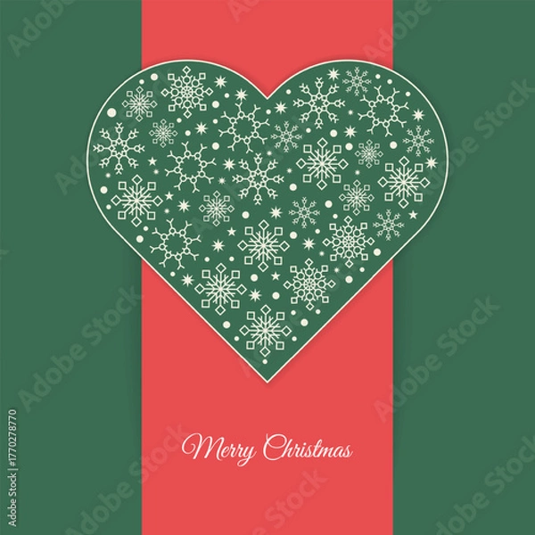 Fototapeta A heart shape made of white snowflakes on a red background. Decorative element for Christmas and New Year designs.