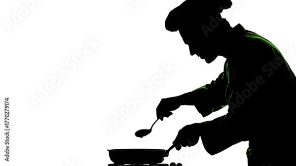 Obraz Black silhouette vector illustration of a man cooking putting something into the pan with spoon on white background