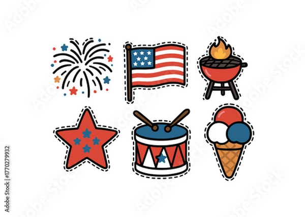 Obraz cute Independence Day set with bold black outline and dotted border including fireworks flag barbecue drum and ice cream simple details colorful minimal style isolated on white background