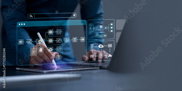 Fototapeta AI automation workflow diagram, artificial intelligence software interface nodes triggers data tool dashboard coding icon flow process technology. Ai agent and process flow on digital code background.