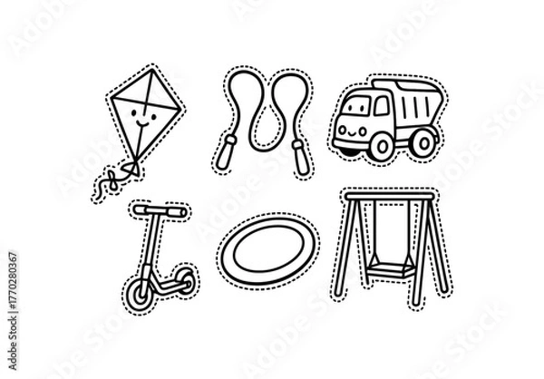 Obraz cute outdoor toys set with bold black outline and dotted border including kite jump rope toy truck scooter frisbee and swing simple details black and white minimal style isolated on white