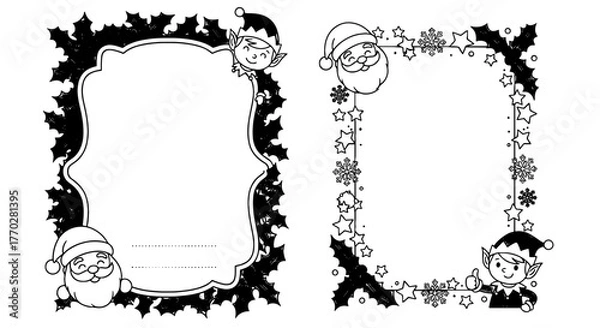 Fototapeta Festive Holiday Frames for Christmas Greetings: Cheerful Santa Claus and Elf Illustrations with Holly and Stars Border Elements for Seasonal Cards and Invitations, Vector Graphic Resources for Design