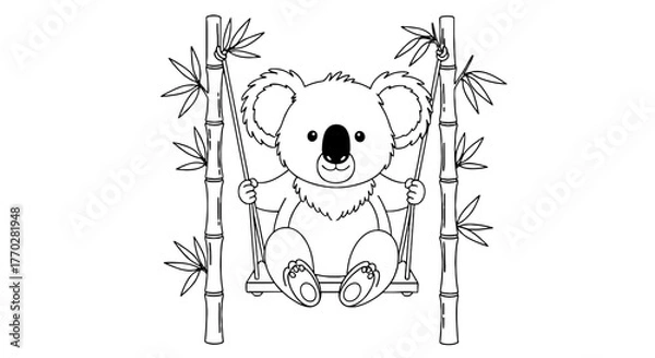 Obraz Adorable Koala Relaxing on Bamboo Swing: Whimsical Illustration for Children's Education & Nature Conservation, A Cute Animal in a Peaceful Setting, Perfect for Kids' Activities, Coloring Books, and E