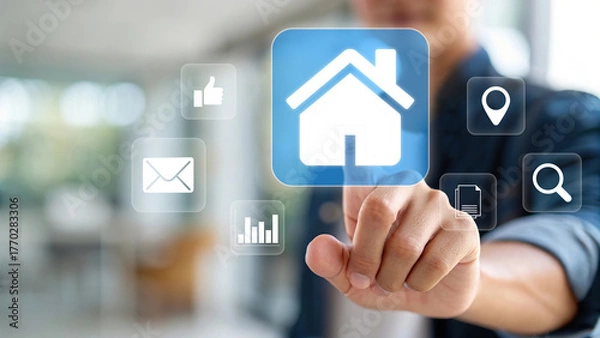 Fototapeta Hand touching digital house icon on virtual interface, representing smart real estate technology, home search, online property services, housing market innovation, and modern business solutions.