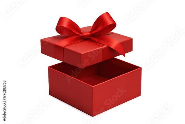 Fototapeta Red gift box opening, showing an empty container, with a decorative bow on the lid. Transparent background