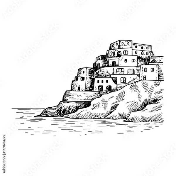 Fototapeta A detailed hand-drawn sketch of an italian cliffside village on the coast overlooking the sea ideal for travel