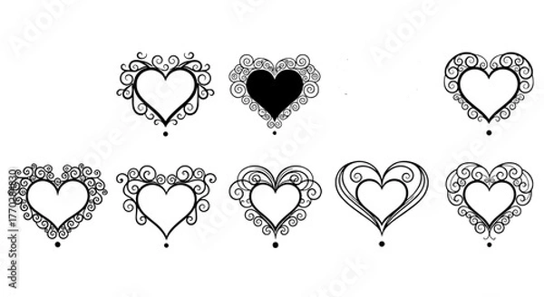 Obraz Elegant Heart Ornaments for Romantic Design Projects: Decorative Vector Elements for Valentine's Day, Weddings, and Love-Themed Graphics, Featuring Swirling Flourishes, Filigree Details, for Invitatio