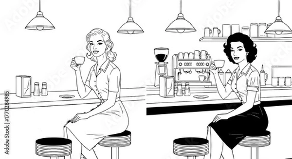Obraz Retro Diner Scene: Elegant Woman Enjoying Coffee Break at Classic American Cafe Counter, Sipping Beverage and Relaxing in Vintage-Style Eatery, Conceptual Illustration for Nostalgia, Lifestyle, Advert