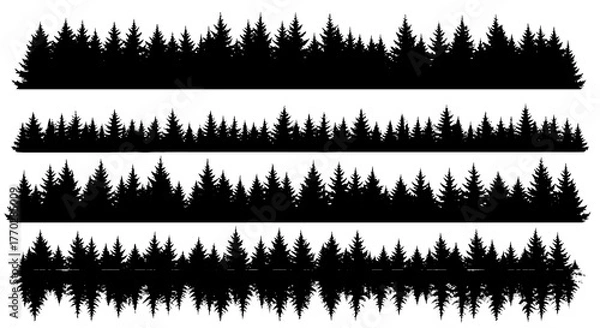 Obraz Silhouetted Evergreen Trees Borders: Forest Edge, Woodland Scene, Nature Background for Outdoor Adventure, Ecological Projects, Wilderness Exploration, Dark & Moody Landscape Illustration, Naturalisti