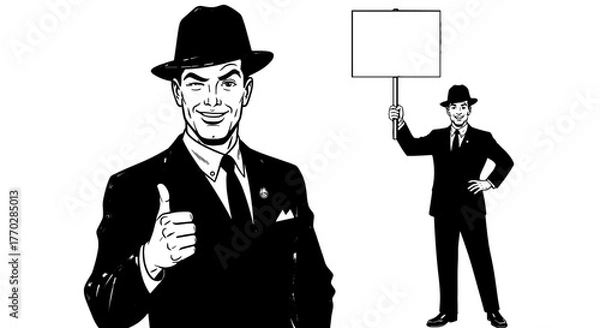 Obraz Vintage Businessman Giving Thumbs Up with Positive Vibe Promoting Message on Sign, Retro Comic Book Style Illustration for Marketing Success & Professional Communication in Business Presentation & Adv