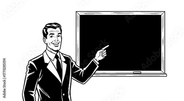 Obraz Retro Businessman Presenting on Chalkboard, Teaching or Lecturing in Classroom Setting, Pointing to Blank Space for Marketing Presentation, Education, or Business Strategy in Vintage Style Drawing (19