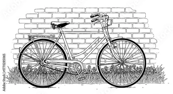 Obraz Vintage Bicycle Parked Against Brick Wall in a Garden Setting with Blooming Flowers Illustration for Sustainable Lifestyle Projects and Eco-Friendly Transport, Ideal for Marketing, Web Design, Graphic