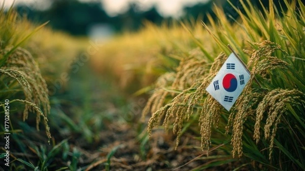 Fototapeta Korean flag marks rice field during harvest season under warm sunlight