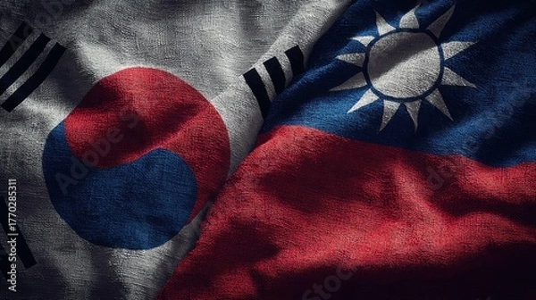 Fototapeta Flags of South Korea and Taiwan displayed together in a symbolic representation of friendship and collaboration