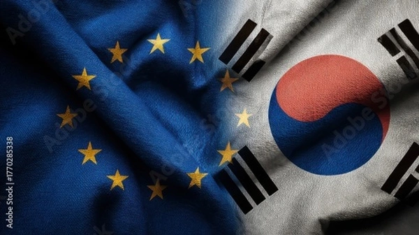 Fototapeta Flags of the European Union and South Korea intertwine, symbolizing diplomatic relations and international cooperation in a globalized world
