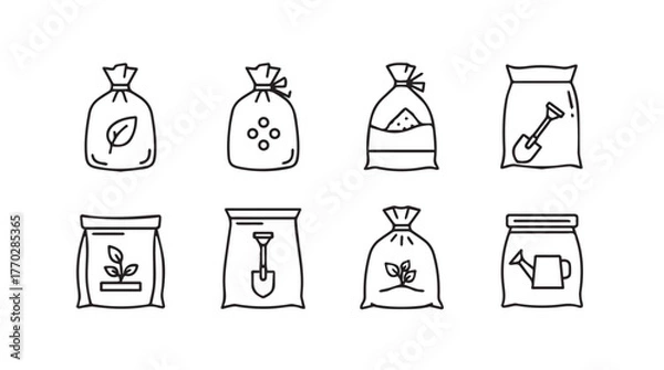 Fototapeta Collection of garden seed fertilizer and soil bag icons hand drawn sketches silhouette