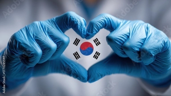 Fototapeta Hands in blue gloves making a heart shape with a South Korean flag in the background, symbolizing love for South Korea