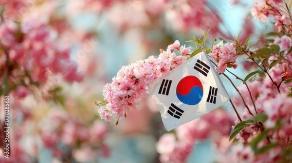 Fototapeta Cherry blossoms frame South Korean flag in full bloom during spring celebration in a park