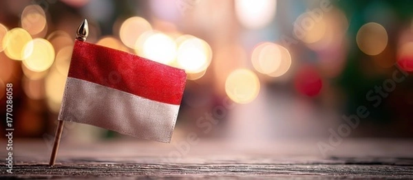 Fototapeta Small Indonesian flag displayed on a wooden surface with blurred festive lights in the background