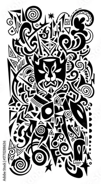 Fototapeta Intricate black and white tribal-style illustration featuring a stylized animal figure surrounded by geometric shapes and swirling patterns.