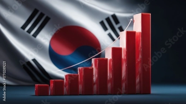 Fototapeta Korean flag background with rising red bar graph representing economic growth and progress in South Korea