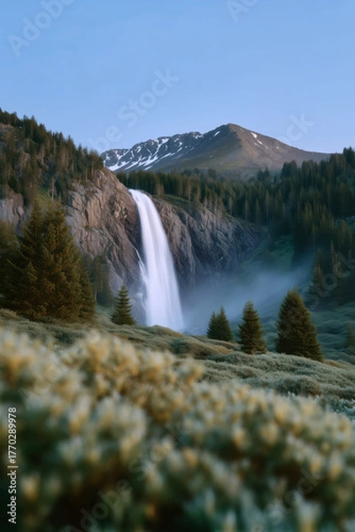 Obraz Powerful mountain waterfall flowing through forest valley with scenic natural landscape
