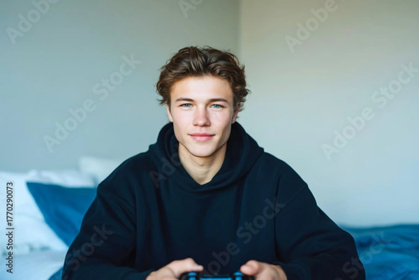 Obraz Young man in casual hoodie playing video games at home on bed with relaxed expression
