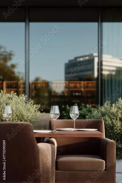 Obraz Elegant restaurant table by large window with city view, two glasses of red wine and fine dining place settings in modern urban bistro interior at golden hour