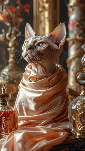 Fototapeta Sphynx Cat in Peach Drape Among Antique Bottles