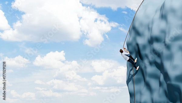 Fototapeta Man climbing a steep mountain with a rope under bright sky, showing determination, courage, and the will to reach success, with copy space, 3d render