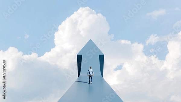 Fototapeta Man walking on a large arrow path leading upward into the clouds, symbolizing vision, ambition, and the pursuit of success, 3d render