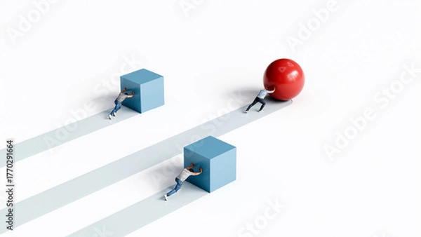 Fototapeta Three men pushing shapes forward, two with cubes and one with a sphere, showing different strategies, efficiency, innovation, 3d render