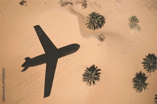 Fototapeta airplane shadow on desert sand. Arid region travel