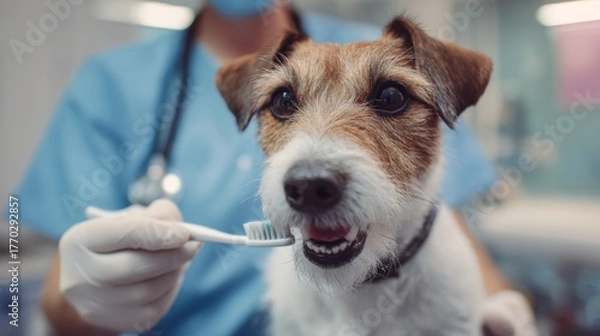 Fototapeta Dog receives dental care at veterinary clinic with professional cleaning technique in action