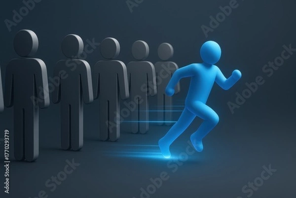 Fototapeta Blue figure runs ahead of gray silhouettes, symbolizing progress and determination in minimalist design
