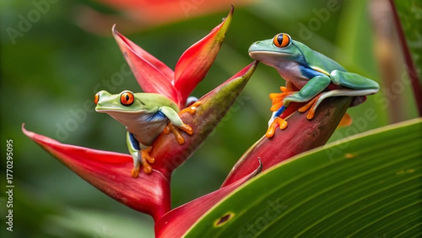 Fototapeta Two redeyed tree frogs perched on a vibrant red heliconia flower, showcasing the beauty of costa ricas rainforest and its unique wildlife diversity