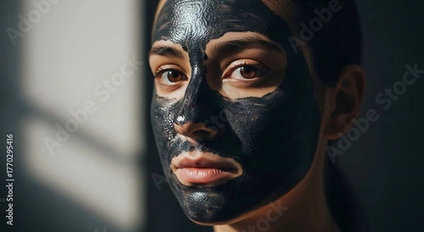 Obraz Close-up portrait of a serene young woman with a purifying black charcoal face mask, captured with dramatic lighting emphasizing her skincare routine and self-care