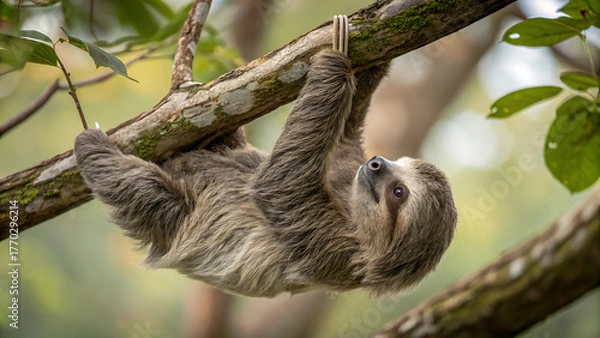 Fototapeta A cute sloth hangs upside down from a branch in the rainforest, its fur is a mix of brown and gray, and it looks relaxed and peaceful in its natural habitat