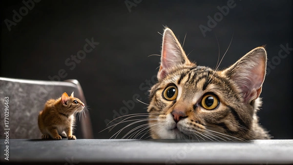 Fototapeta A tabby cat stares intently at a small brown mouse on a table, its eyes wide with curiosity and anticipation, ready to pounce on its unsuspecting prey