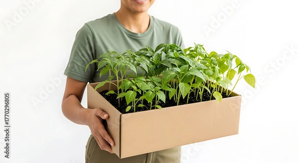 Obraz Happy individual holding a cardboard box filled with vibrant green plant seedlings, ready for spring planting, symbolizing new growth and sustainable home gardening practices