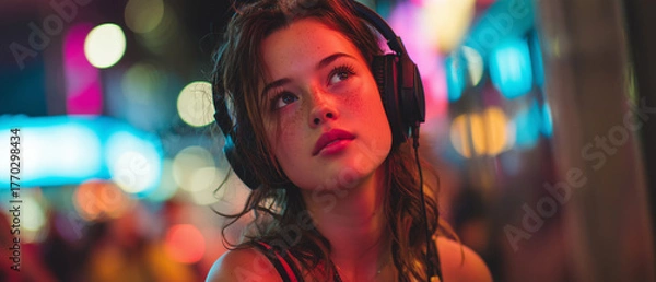 Fototapeta Teenager listening to music with headphones in neon-lit urban night scene, vibrant city background with copy space on the left for text or design