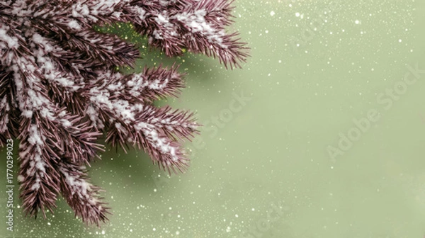 Fototapeta Snowy Pine Branch with Sparkles on Green Background for Christmas and New Year Designs