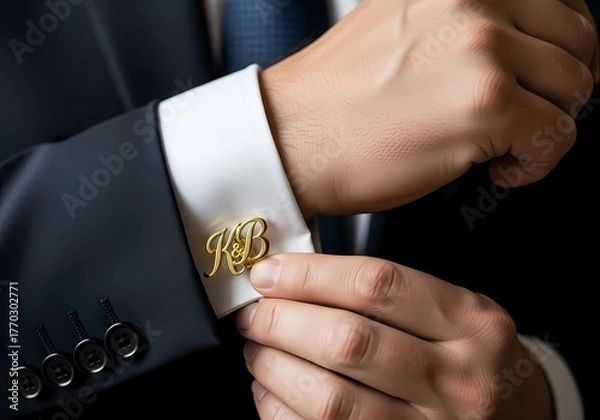 Fototapeta Closeup of a grooms cufflink with initials, showcasing elegance and attention to detail