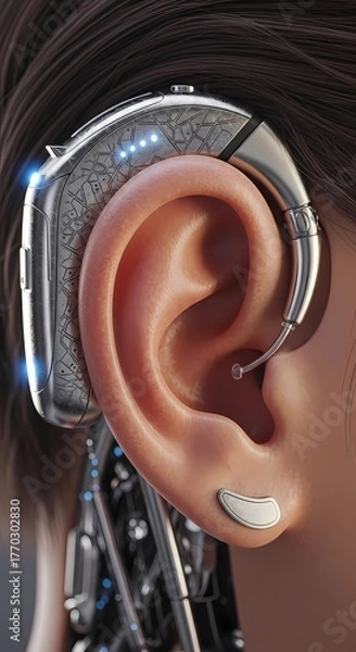 Fototapeta Closeup of a futuristic hearing aid attached to a persons ear with metal components